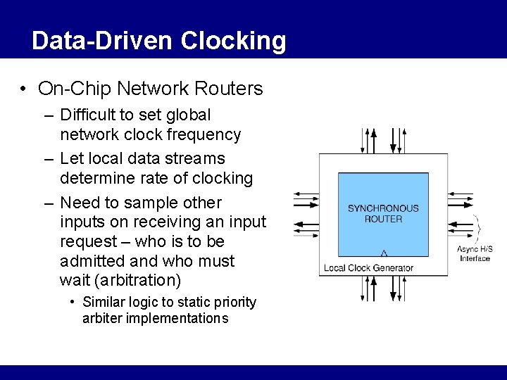 Data-Driven Clocking • On-Chip Network Routers – Difficult to set global network clock frequency