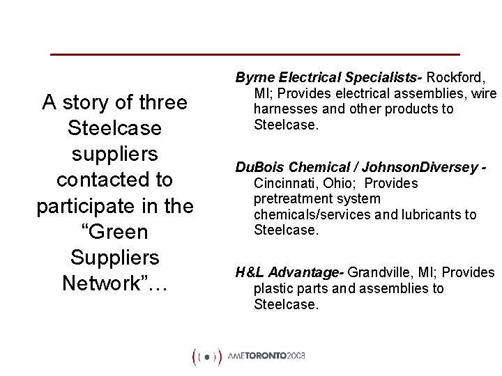 A story of three Steelcase suppliers contacted to participate in the “Green Suppliers Network”…