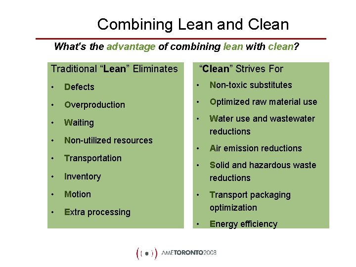 Combining Lean and Clean What’s the advantage of combining lean with clean? Traditional “Lean”