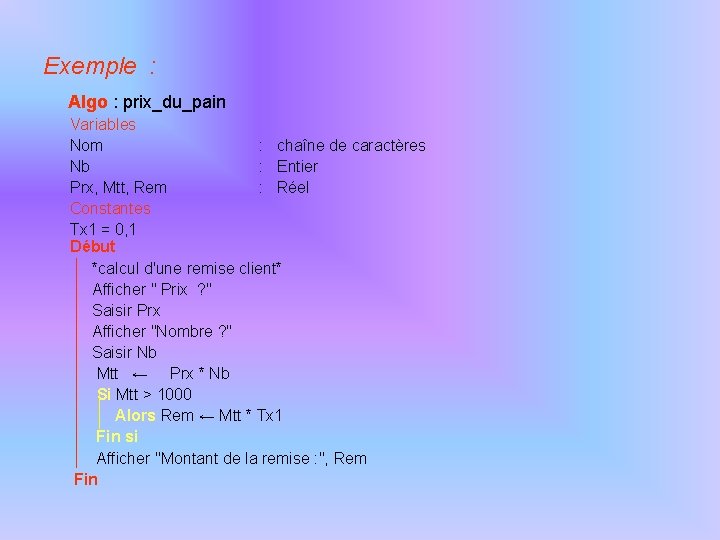 Exemple : Algo : prix_du_pain Variables Nom : chaîne de caractères Nb : Entier
