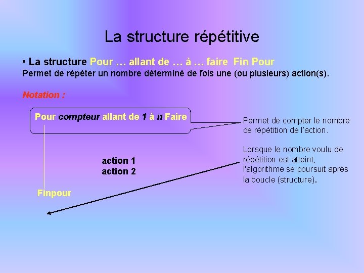 La structure répétitive • La structure Pour … allant de … à … faire