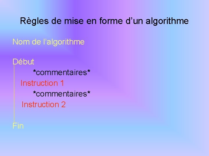 Règles de mise en forme d’un algorithme Nom de l’algorithme Début *commentaires* Instruction 1