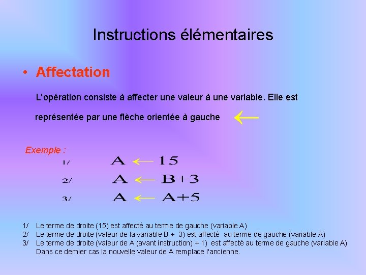 Instructions élémentaires • Affectation L'opération consiste à affecter une valeur à une variable. Elle