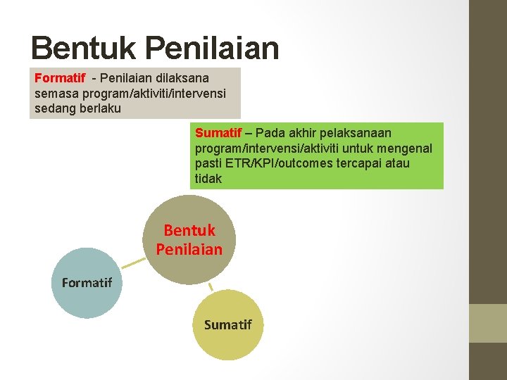 Bentuk Penilaian Formatif - Penilaian dilaksana semasa program/aktiviti/intervensi sedang berlaku Sumatif – Pada akhir