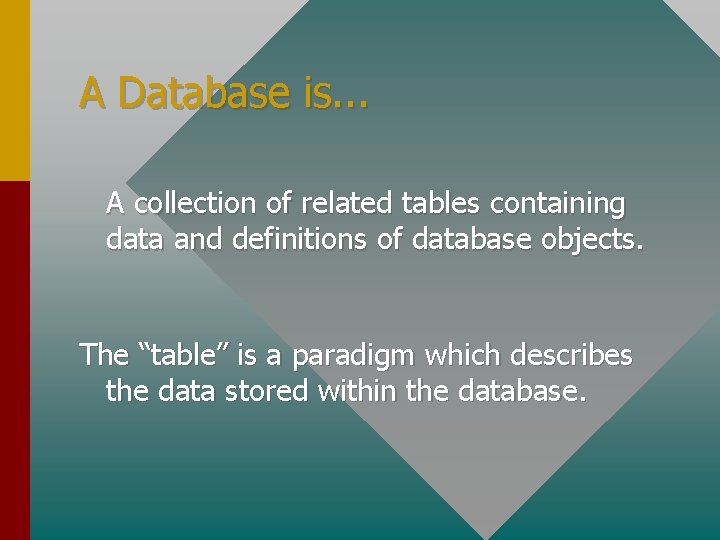 A Database is. . . A collection of related tables containing data and definitions