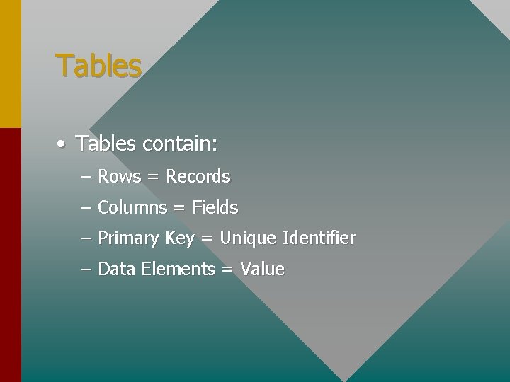 Tables • Tables contain: – Rows = Records – Columns = Fields – Primary