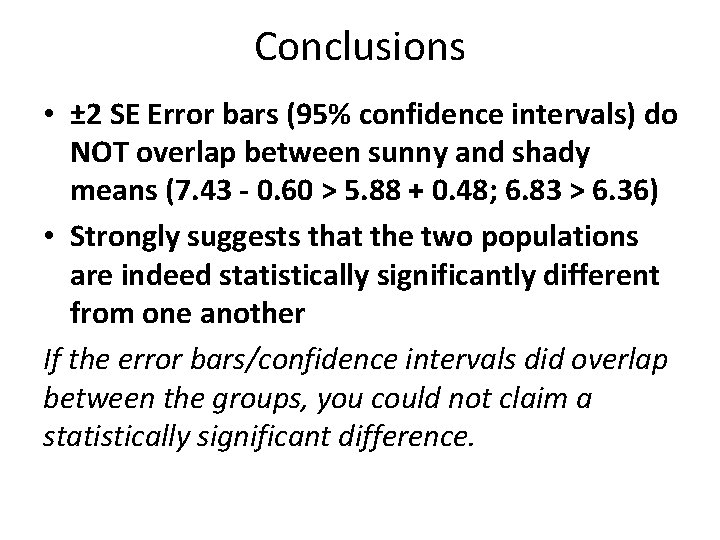 Conclusions • ± 2 SE Error bars (95% confidence intervals) do NOT overlap between