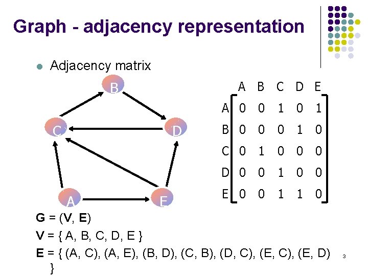 Graph - adjacency representation l Adjacency matrix A B C D E B C