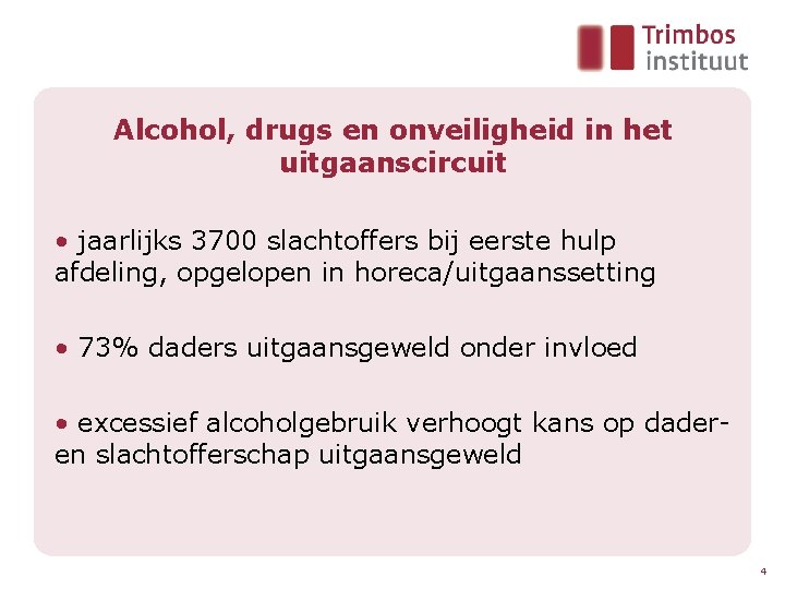 Alcohol, drugs en onveiligheid in het uitgaanscircuit • jaarlijks 3700 slachtoffers bij eerste hulp