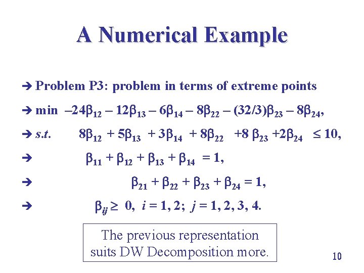 A Numerical Example è Problem P 3: problem in terms of extreme points è