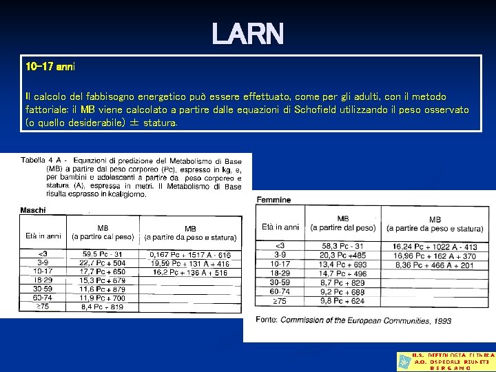 LARN 10 -17 anni Il calcolo del fabbisogno energetico può essere effettuato, come per