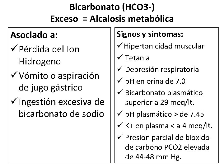 Bicarbonato (HCO 3 -) Exceso = Alcalosis metabólica Asociado a: ü Pérdida del Ion