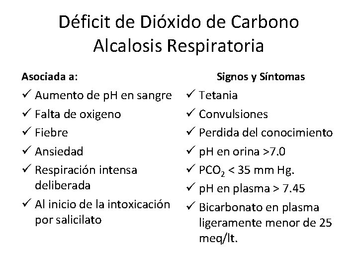 Déficit de Dióxido de Carbono Alcalosis Respiratoria Asociada a: ü Aumento de p. H