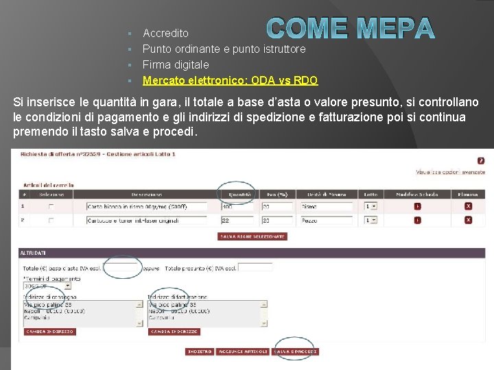 COME MEPA Accredito § Punto ordinante e punto istruttore § Firma digitale § Mercato