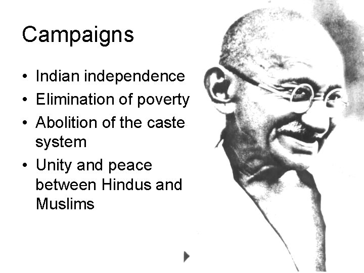 Campaigns • Indian independence • Elimination of poverty • Abolition of the caste system