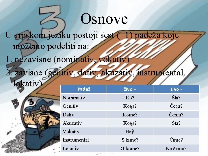 Osnove U srpskom jeziku postoji šest (+1) padeža koje možemo podeliti na: 1. nezavisne