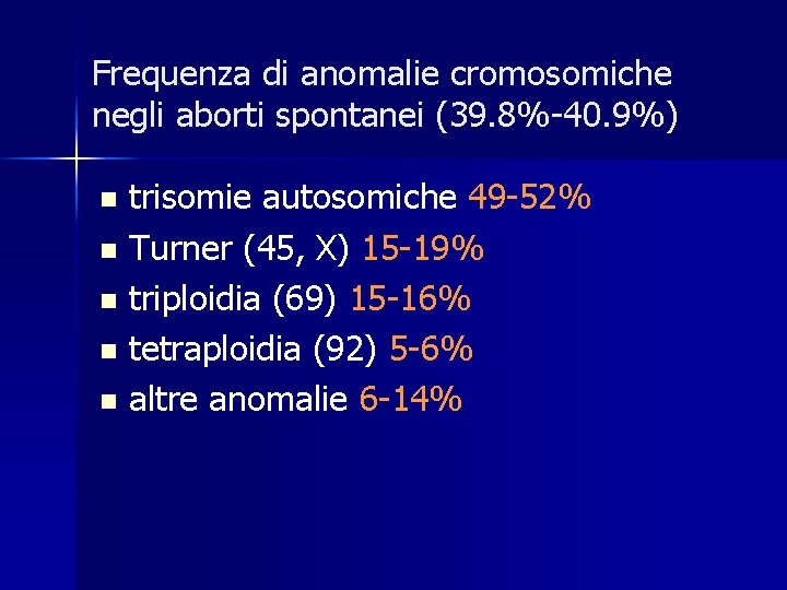 Frequenza di anomalie cromosomiche negli aborti spontanei (39. 8%-40. 9%) trisomie autosomiche 49 -52%