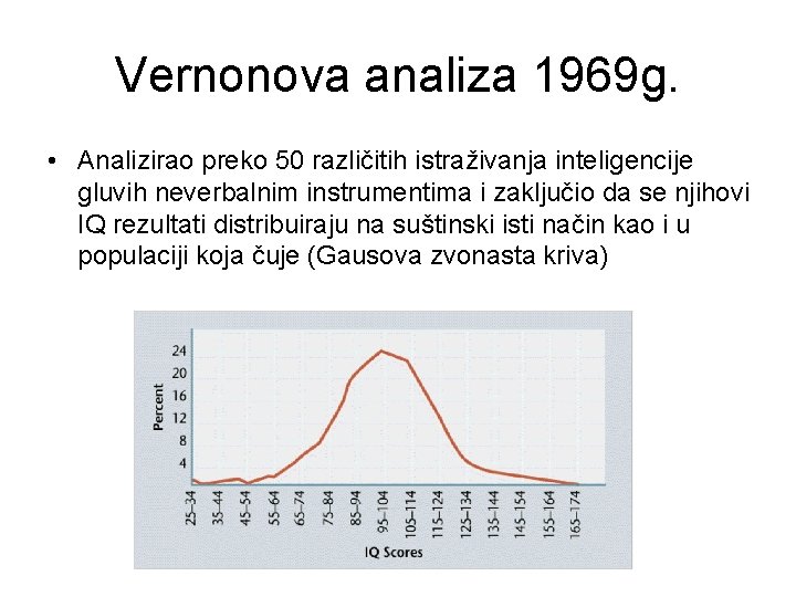 Vernonova analiza 1969 g. • Analizirao preko 50 različitih istraživanja inteligencije gluvih neverbalnim instrumentima