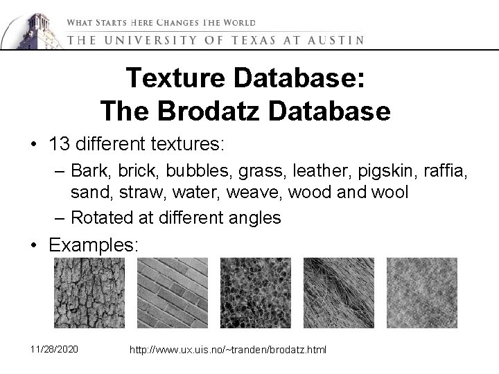 Texture Database: The Brodatz Database • 13 different textures: – Bark, brick, bubbles, grass,