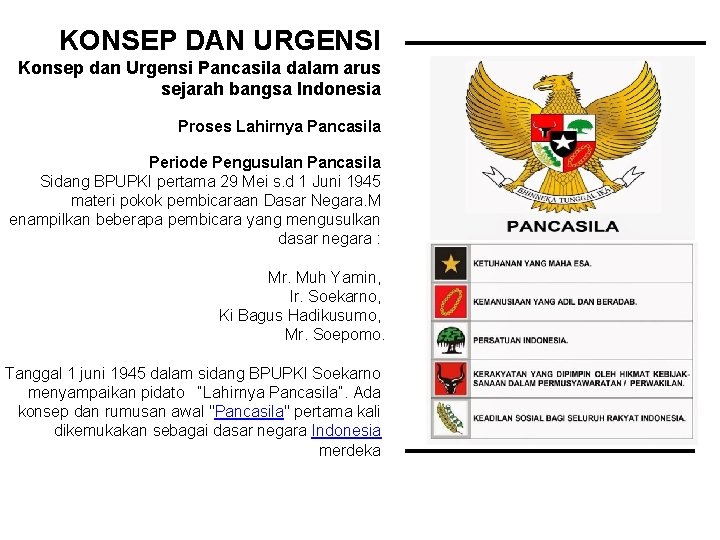 KONSEP DAN URGENSI Konsep dan Urgensi Pancasila dalam arus sejarah bangsa Indonesia Proses Lahirnya