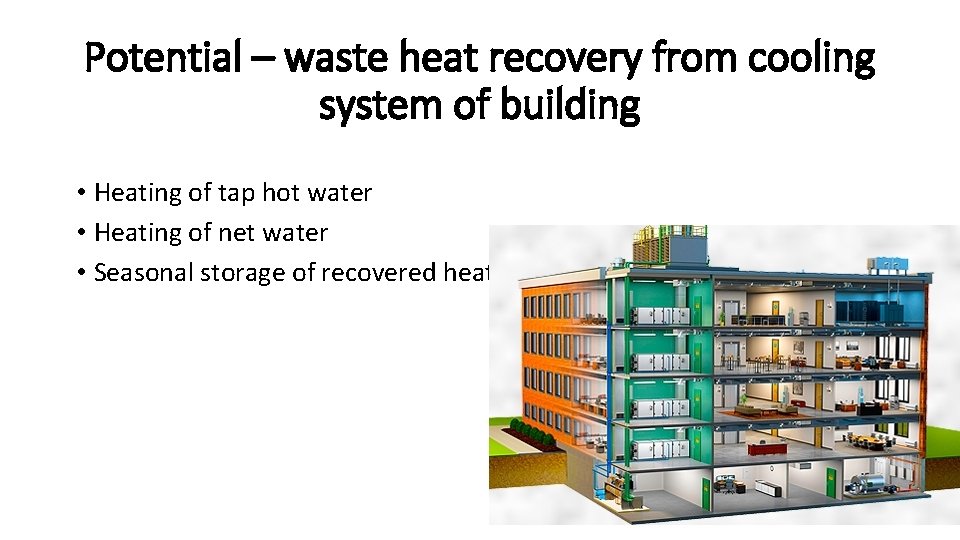 Potential – waste heat recovery from cooling system of building • Heating of tap