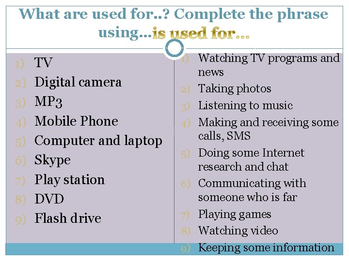 What are used for. . ? Complete the phrase using… 1) TV 2) Digital