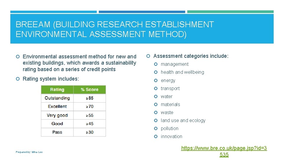 BREEAM (BUILDING RESEARCH ESTABLISHMENT ENVIRONMENTAL ASSESSMENT METHOD) Environmental assessment method for new and existing