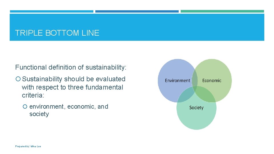 TRIPLE BOTTOM LINE Functional definition of sustainability: Sustainability should be evaluated with respect to