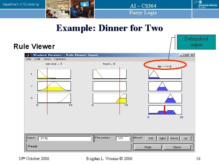 AI – CS 364 Fuzzy Logic Example: Dinner for Two Defuzzified output Rule Viewer