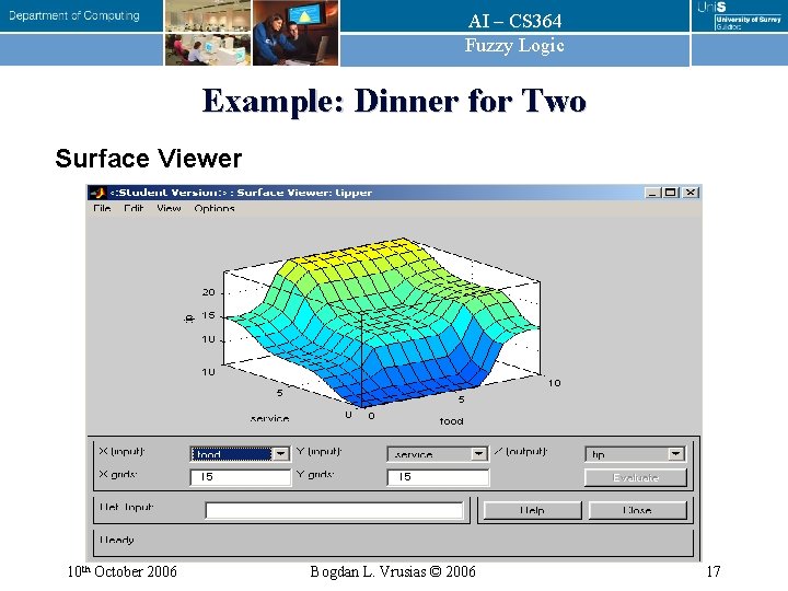 AI – CS 364 Fuzzy Logic Example: Dinner for Two Surface Viewer 10 th