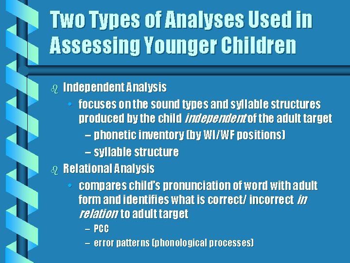 Two Types of Analyses Used in Assessing Younger Children b b Independent Analysis •