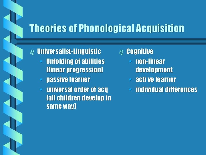 Theories of Phonological Acquisition b Universalist-Linguistic • Unfolding of abilities (linear progression) • passive