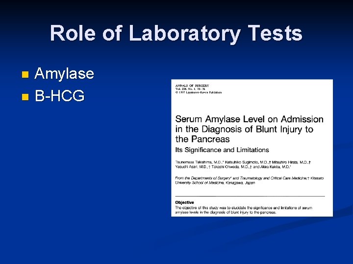 Role of Laboratory Tests Amylase n B-HCG n 