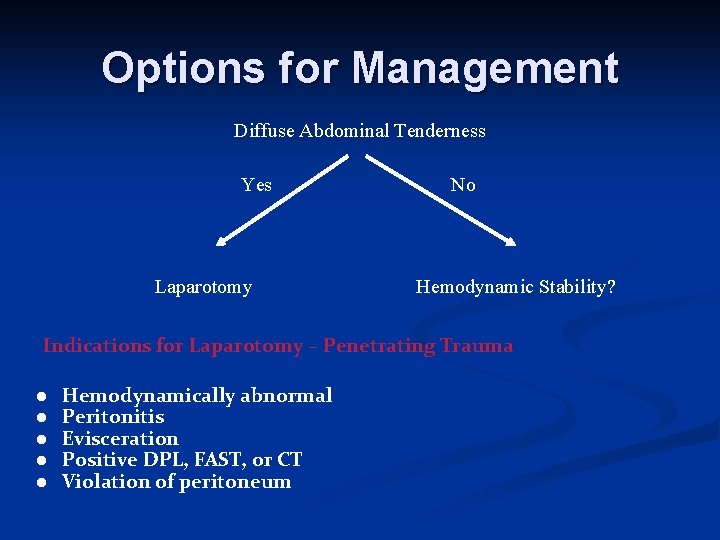 Options for Management Diffuse Abdominal Tenderness Yes Laparotomy No Hemodynamic Stability? Indications for Laparotomy