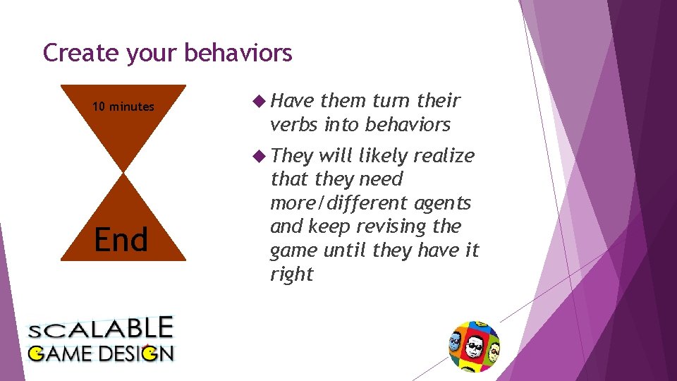 Create your behaviors 10 minutes Have them turn their verbs into behaviors They End