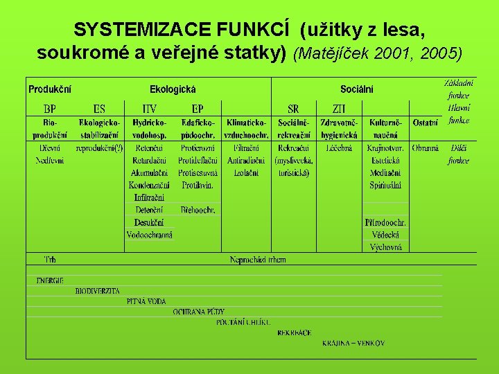 SYSTEMIZACE FUNKCÍ (užitky z lesa, soukromé a veřejné statky) (Matějíček 2001, 2005) 