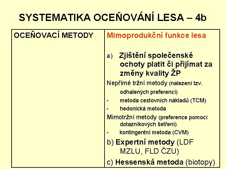 SYSTEMATIKA OCEŇOVÁNÍ LESA – 4 b OCEŇOVACÍ METODY Mimoprodukční funkce lesa a) Zjištění společenské