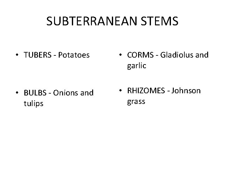 SUBTERRANEAN STEMS • TUBERS - Potatoes • CORMS - Gladiolus and garlic • BULBS