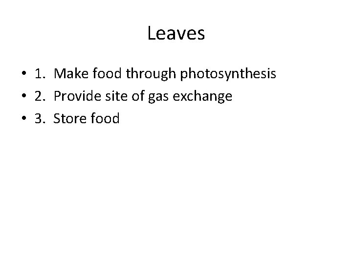 Leaves • 1. Make food through photosynthesis • 2. Provide site of gas exchange