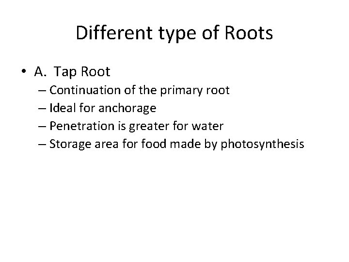 Different type of Roots • A. Tap Root – Continuation of the primary root