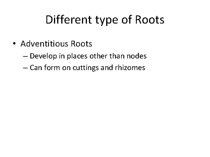 Different type of Roots • Adventitious Roots – Develop in places other than nodes