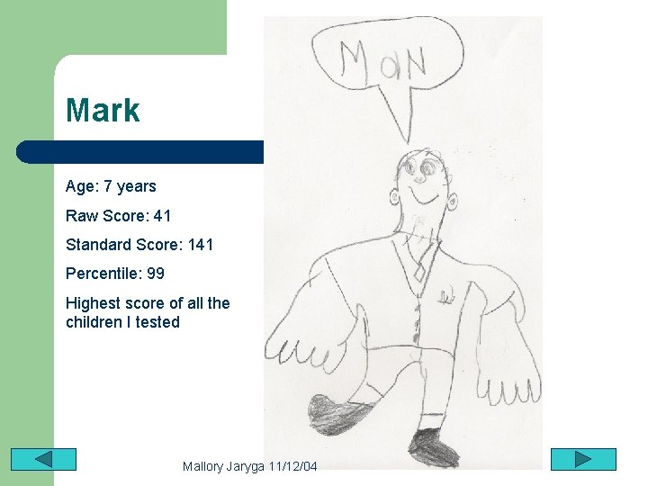 Mark Age: 7 years Raw Score: 41 Standard Score: 141 Percentile: 99 Highest score