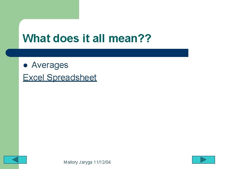 What does it all mean? ? Averages Excel Spreadsheet l Mallory Jaryga 11/12/04 