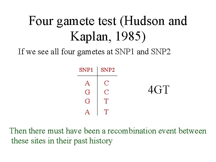 Four gamete test (Hudson and Kaplan, 1985) If we see all four gametes at