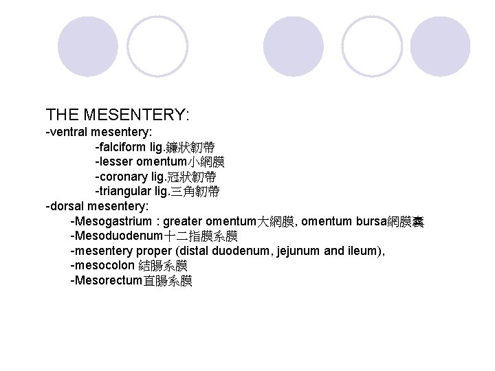 THE MESENTERY: -ventral mesentery: -falciform lig. 鐮狀韌帶 -lesser omentum小網膜 -coronary lig. 冠狀韌帶 -triangular lig.
