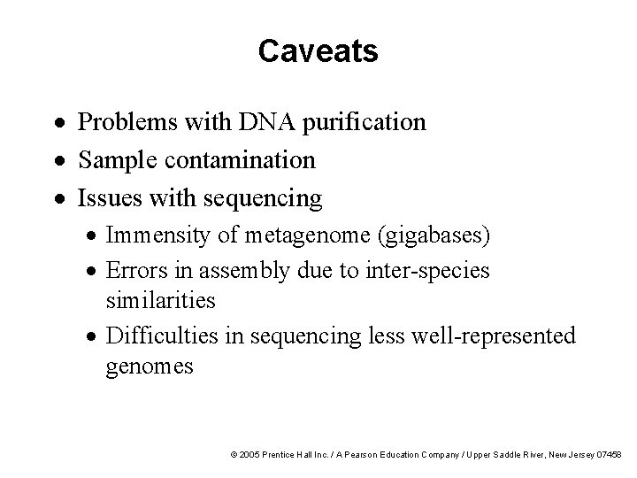 Caveats · Problems with DNA purification · Sample contamination · Issues with sequencing ·