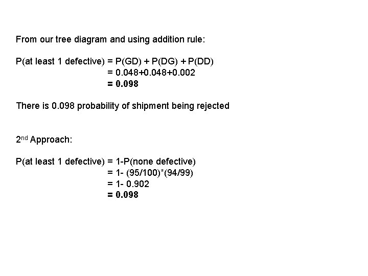 From our tree diagram and using addition rule: P(at least 1 defective) = P(GD)