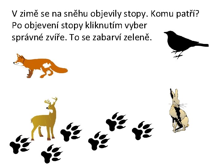 V zimě se na sněhu objevily stopy. Komu patří? Po objevení stopy kliknutím vyber