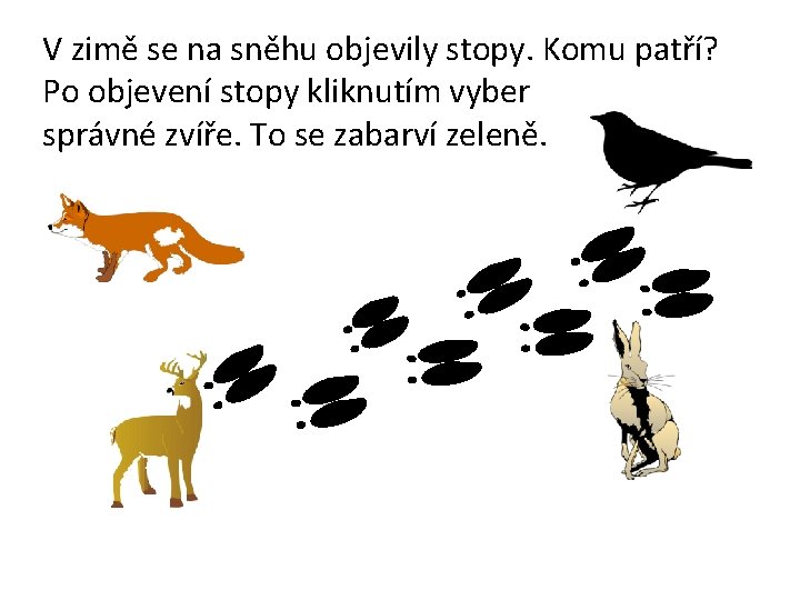 V zimě se na sněhu objevily stopy. Komu patří? Po objevení stopy kliknutím vyber