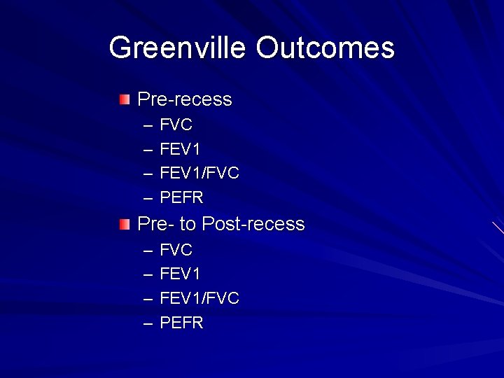 Greenville Outcomes Pre-recess – – FVC FEV 1/FVC PEFR Pre- to Post-recess – –